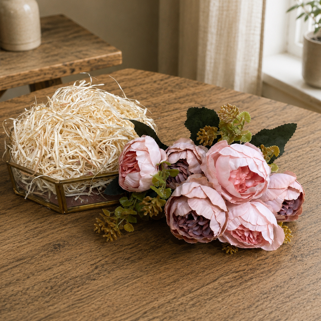 Artificial Pink Rose & grass Combo Set