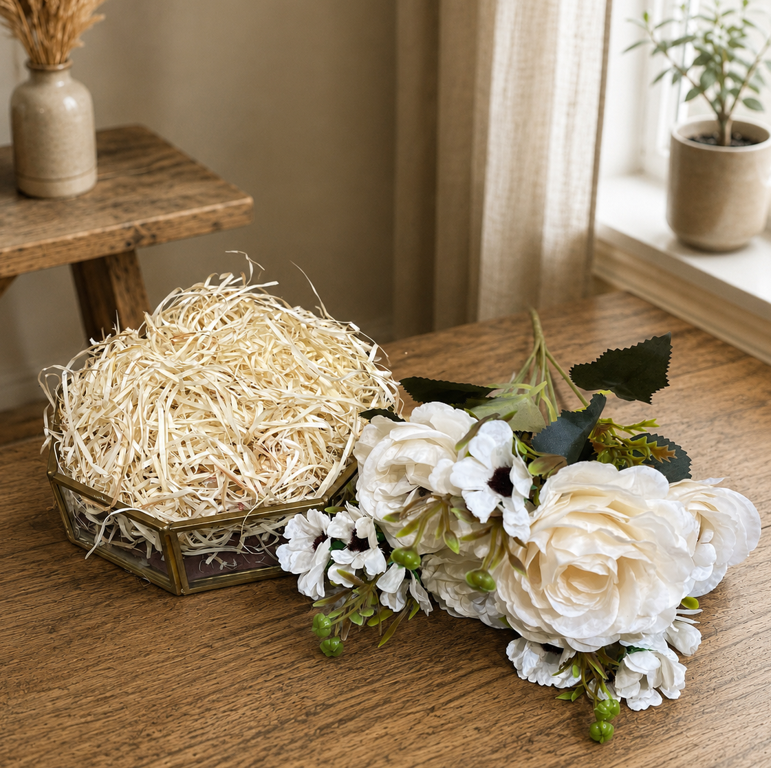 Artificial White Rose & grass Combo Set