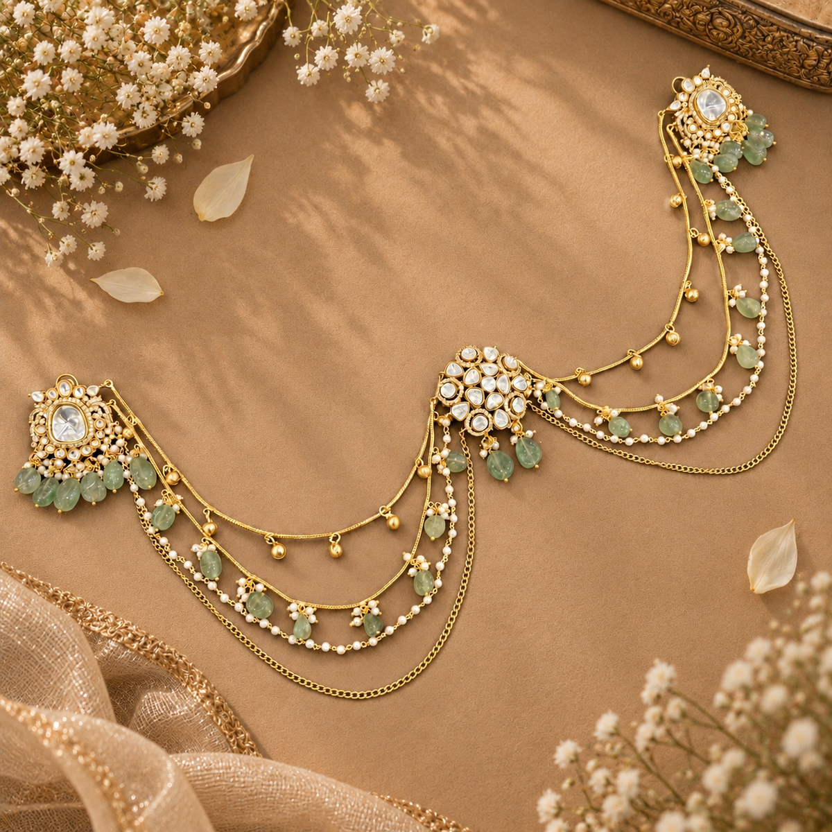 Gulika Green Kundan Earring with Attached Hair Accessory