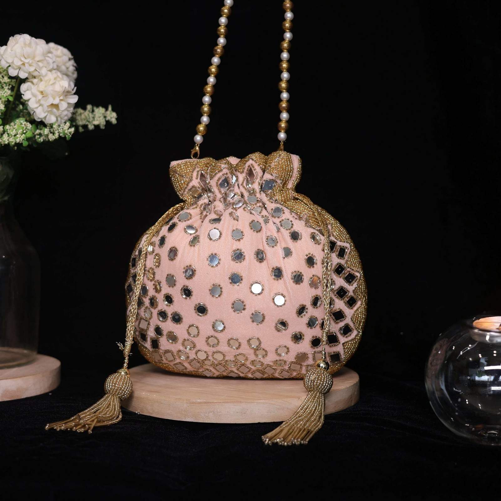 vs mirror work potli velvet box by shweta