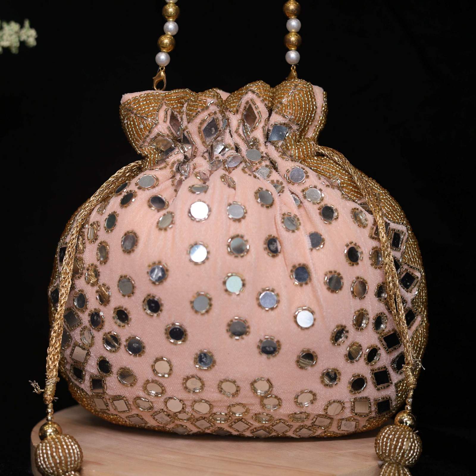 vs mirror work potli velvet box by shweta