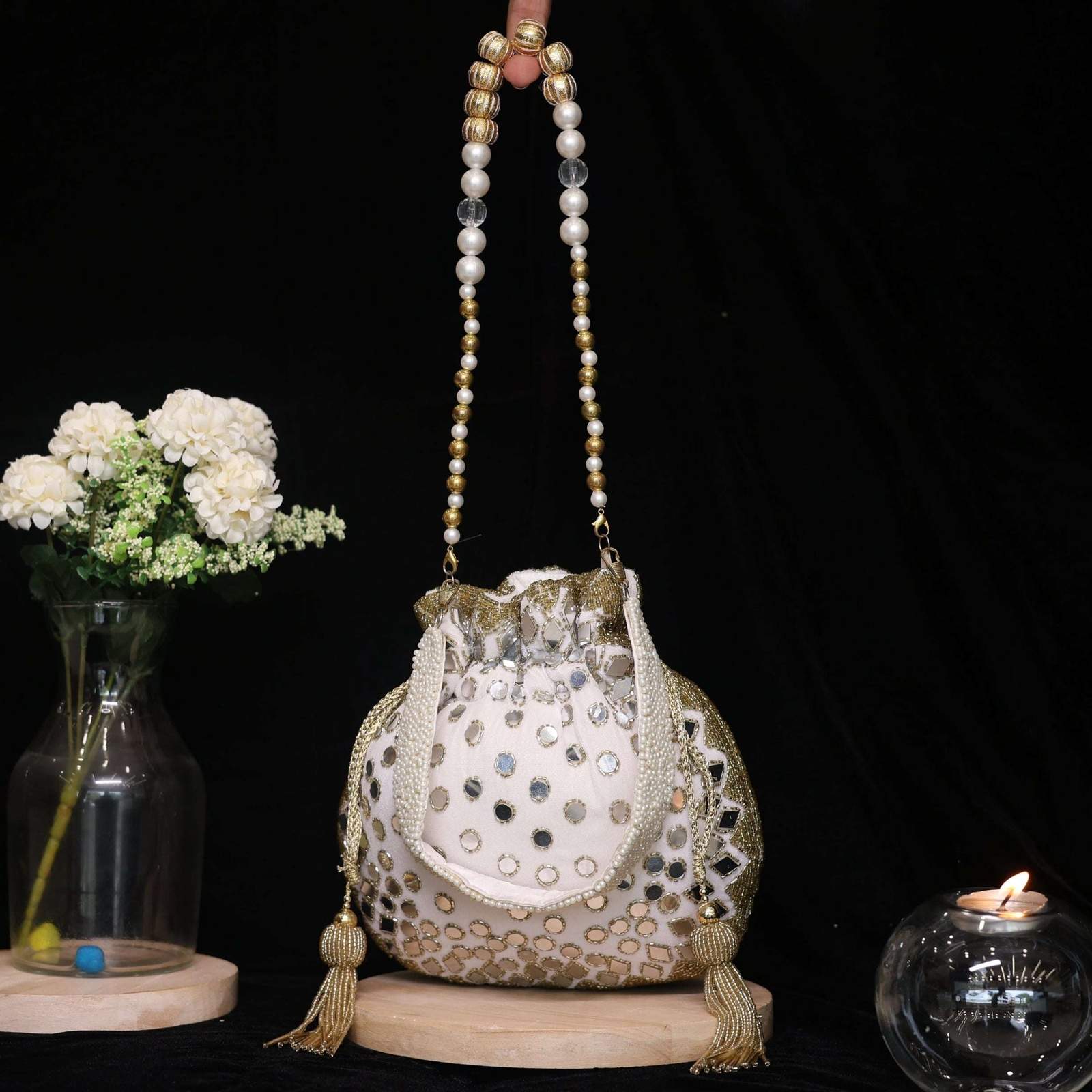 vs mirror work potli velvet box by shweta