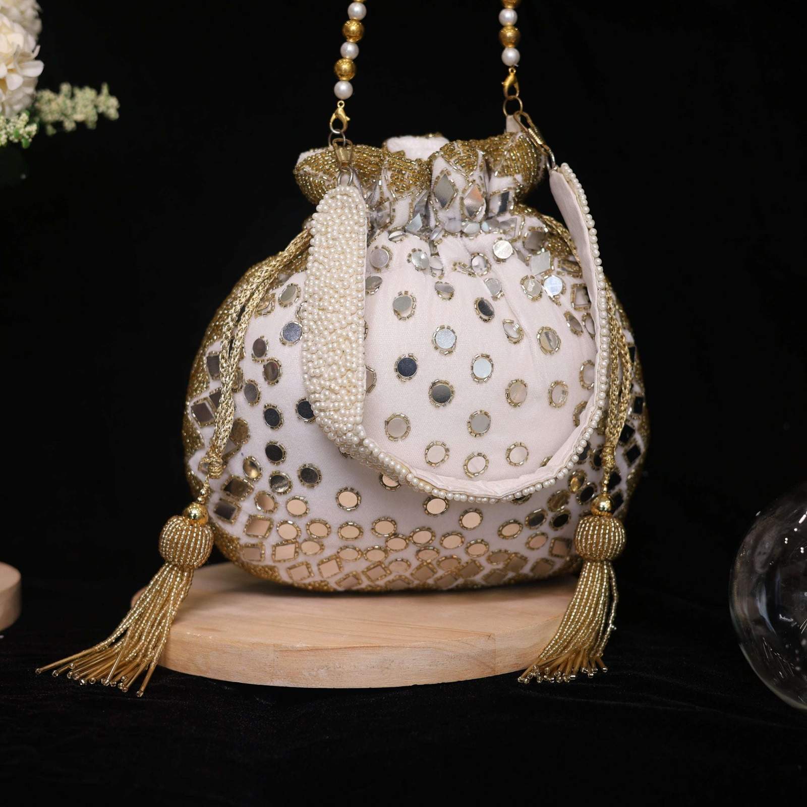 vs mirror work potli velvet box by shweta