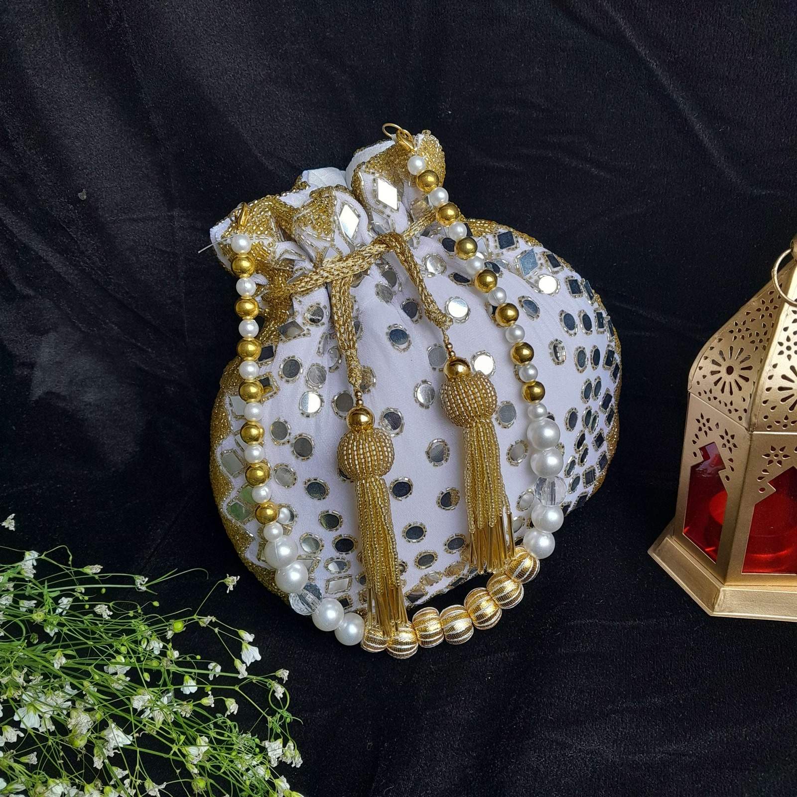 vs mirror work potli velvet box by shweta