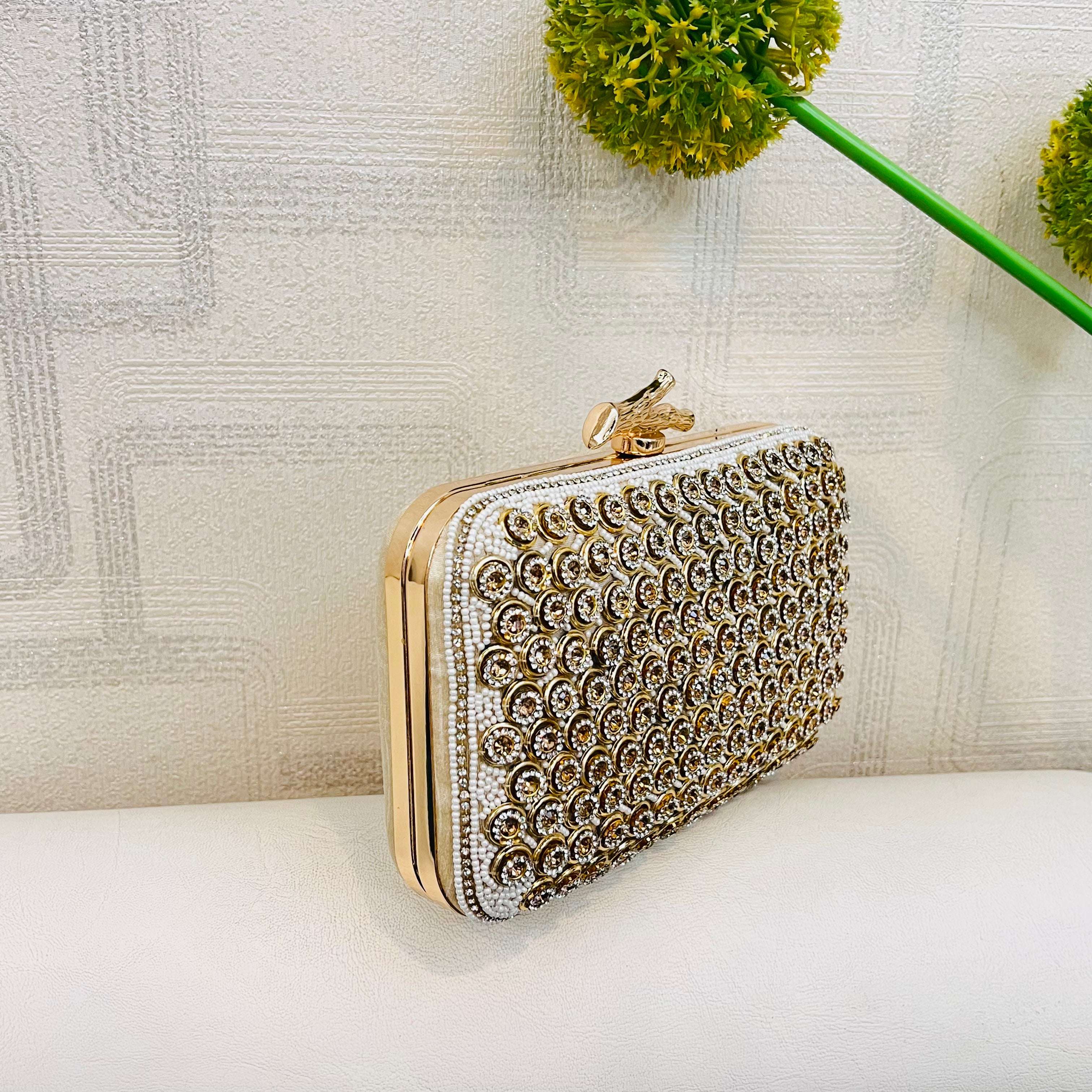vs pearl gold clutch velvet box by shweta