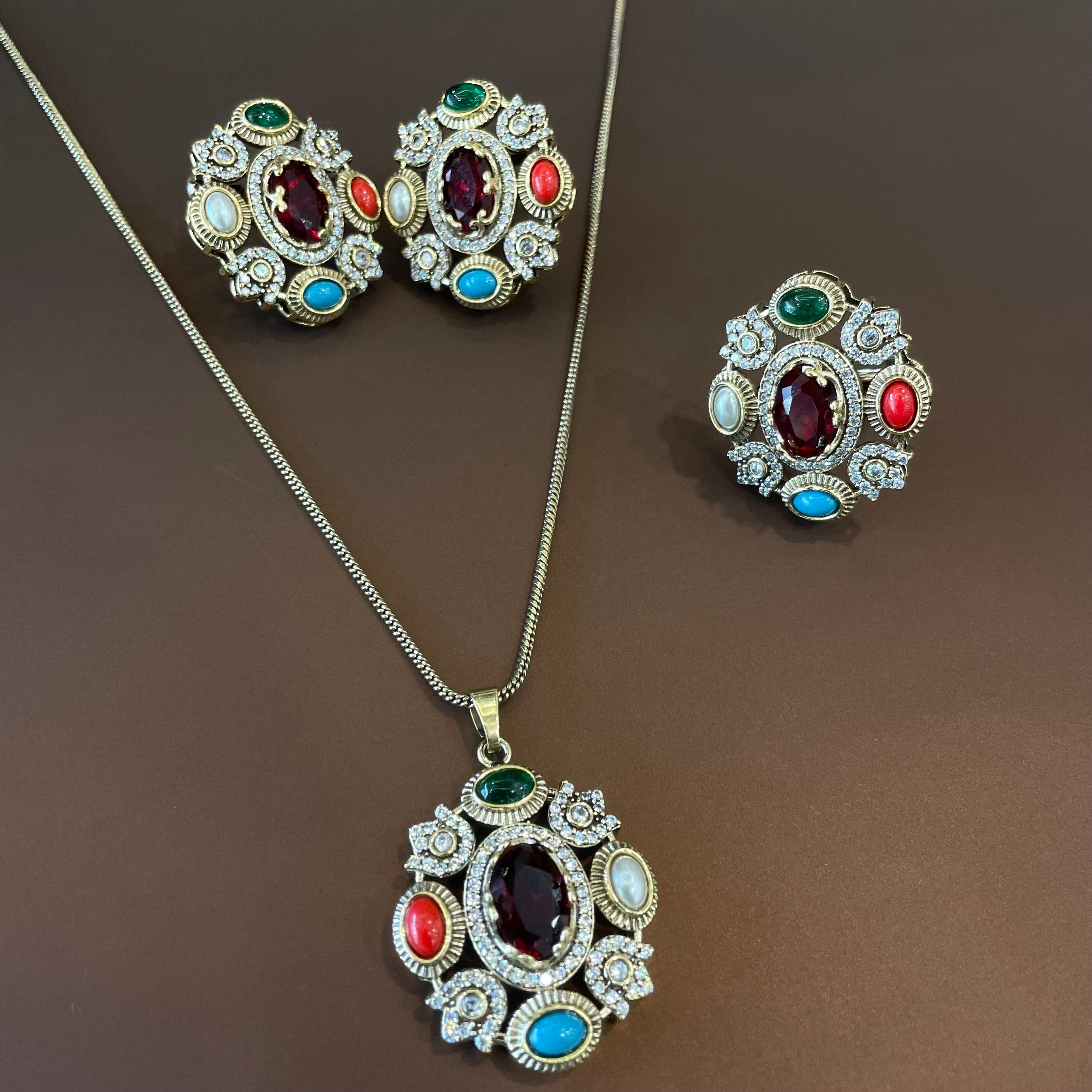 Nayaab Tarini Combo set - pendant,studs,ring-adjustable
