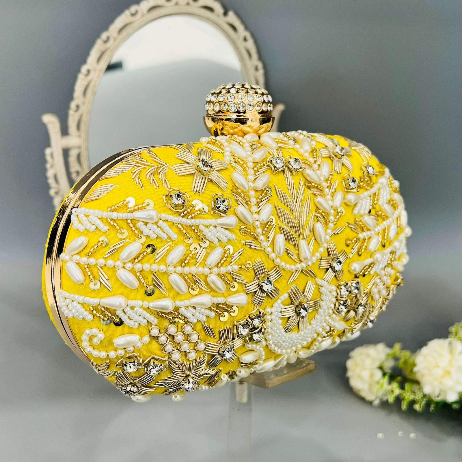 Vs velvet embroidery clutch Yellow