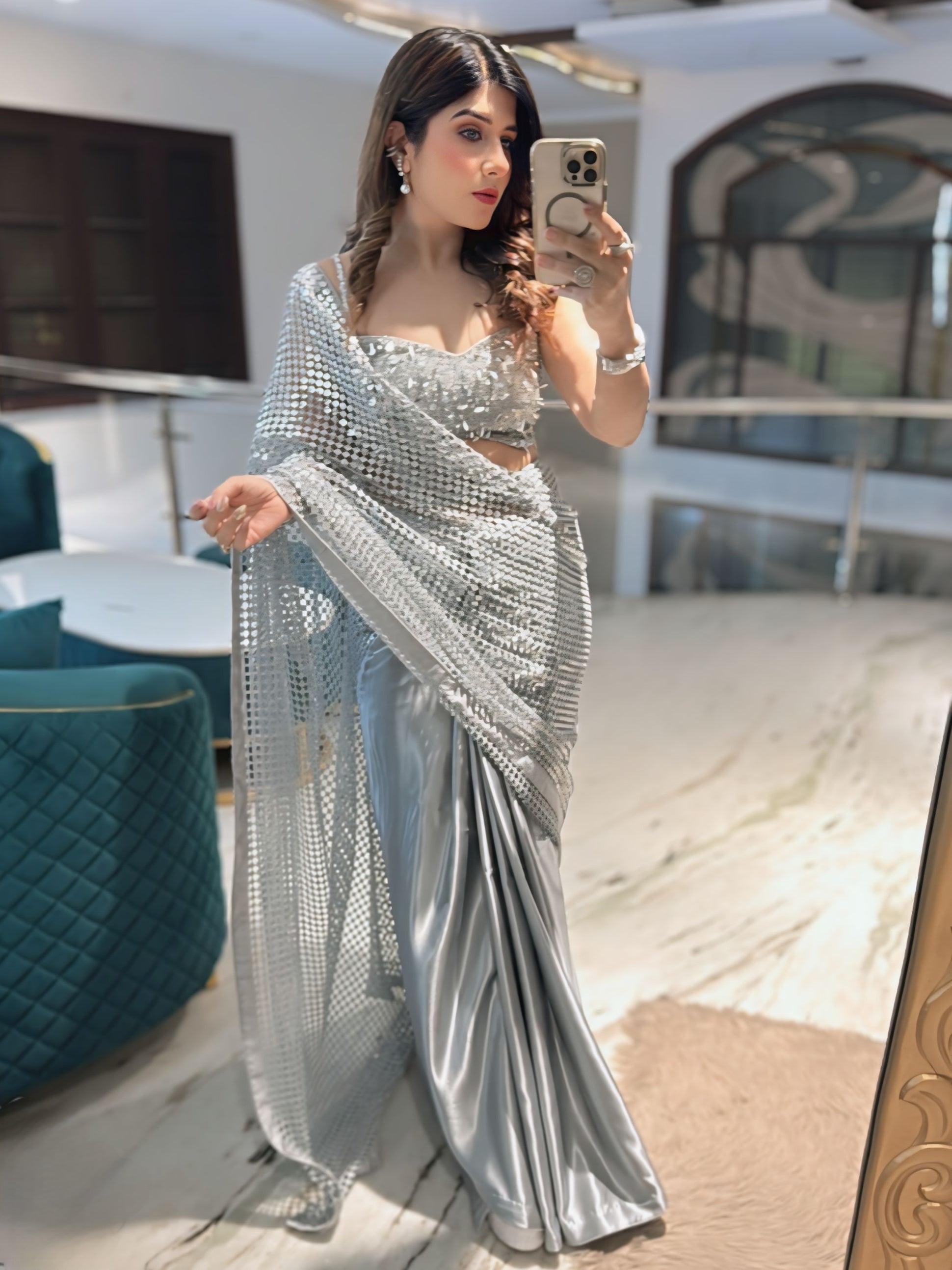 Chandni silver Saree