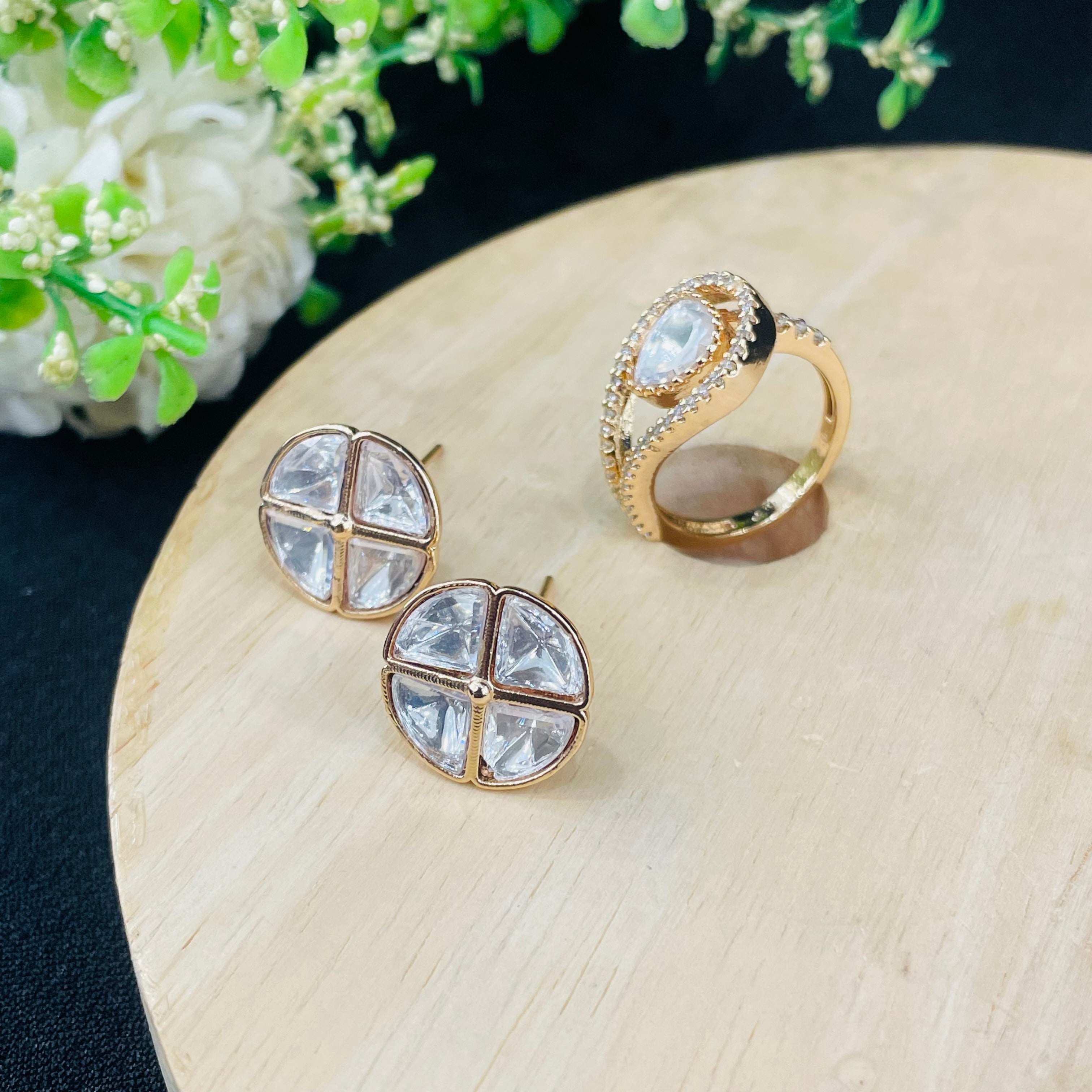 Nayaab Polki Ring with Ad studs combo