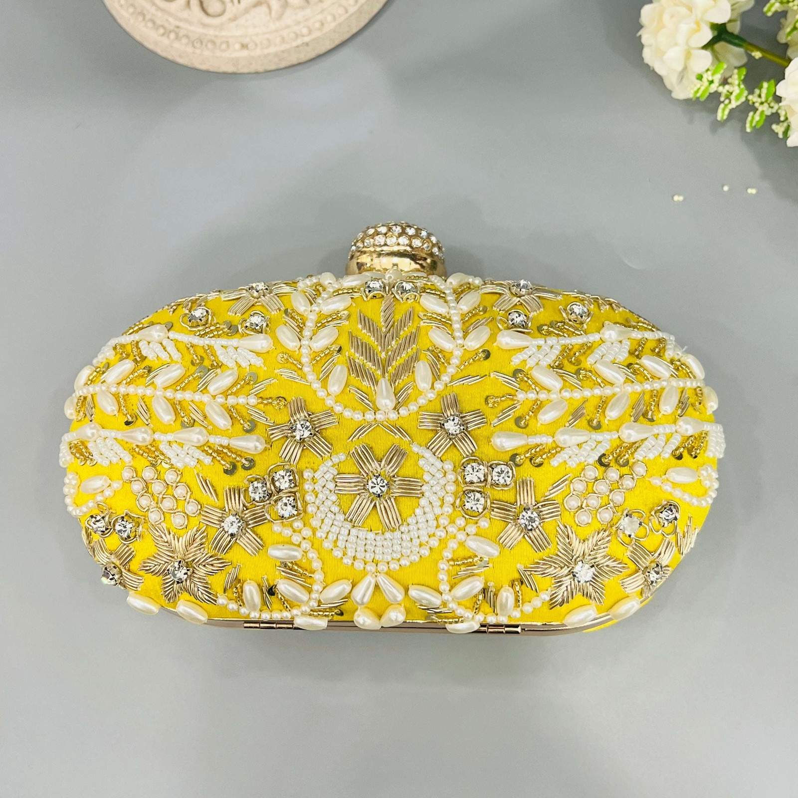 Vs velvet embroidery clutch Yellow