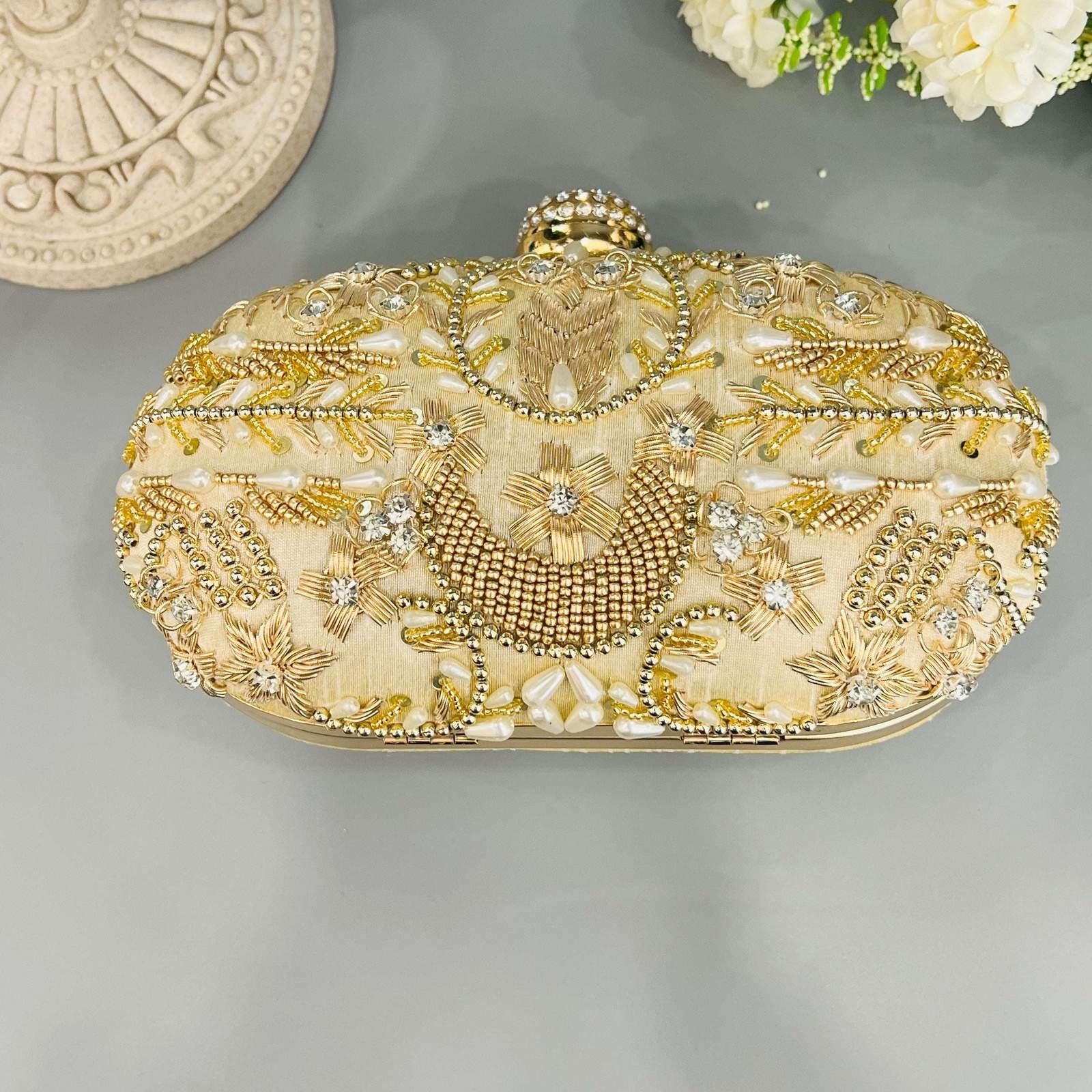 Vs velvet Embroidery Clutch Golden