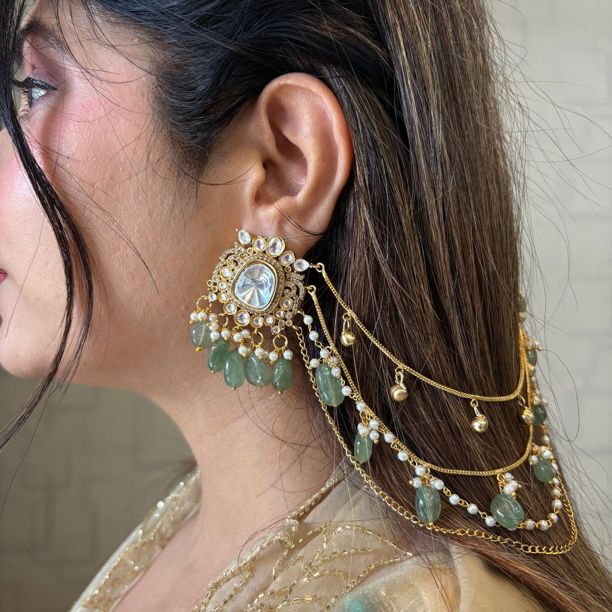 Gulika Green Kundan Earring with Attached Hair Accessory
