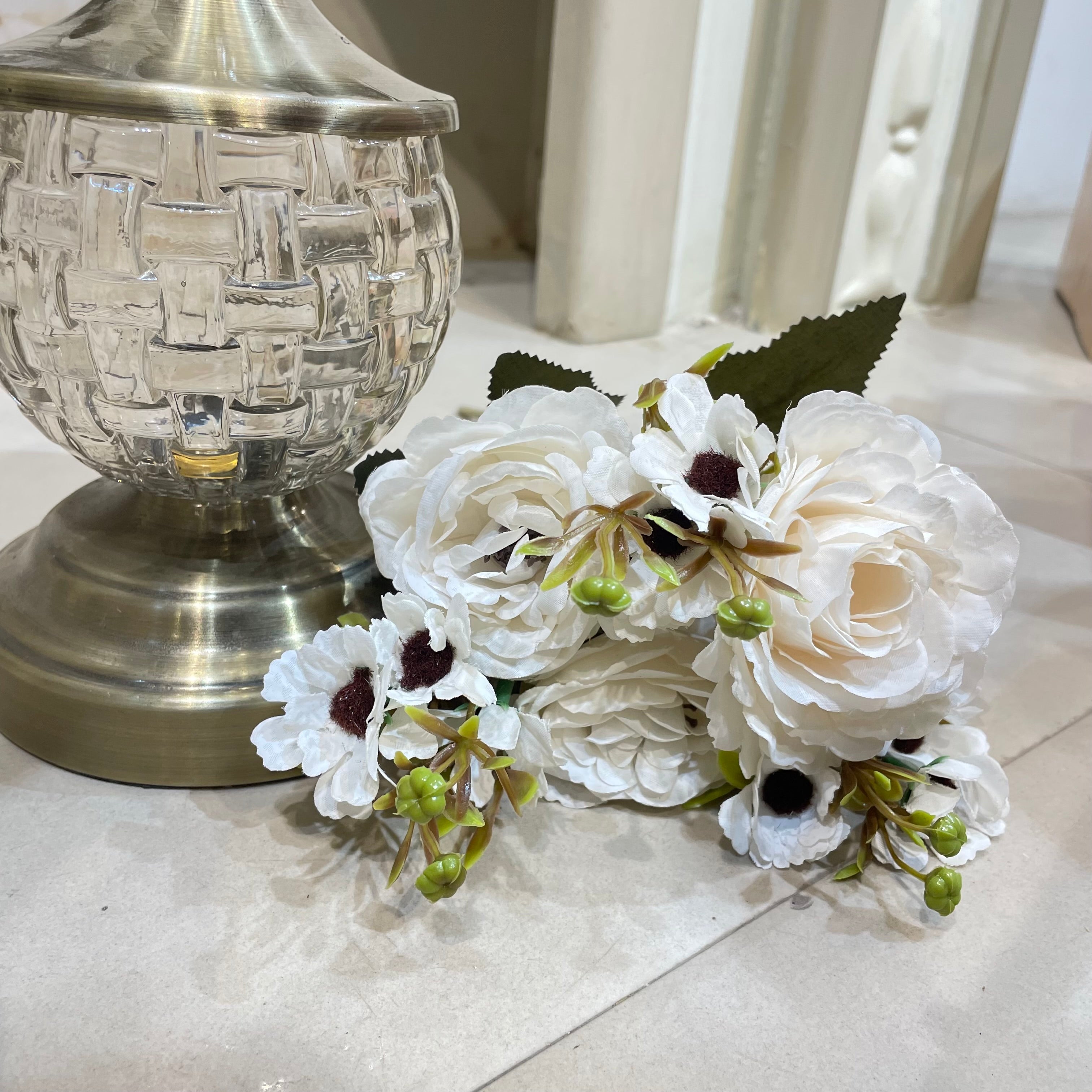 Artificial White Rose & grass Combo Set