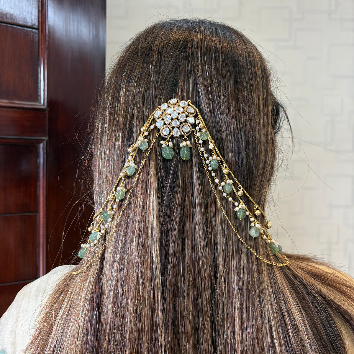 Gulika Green Kundan Earring with Attached Hair Accessory