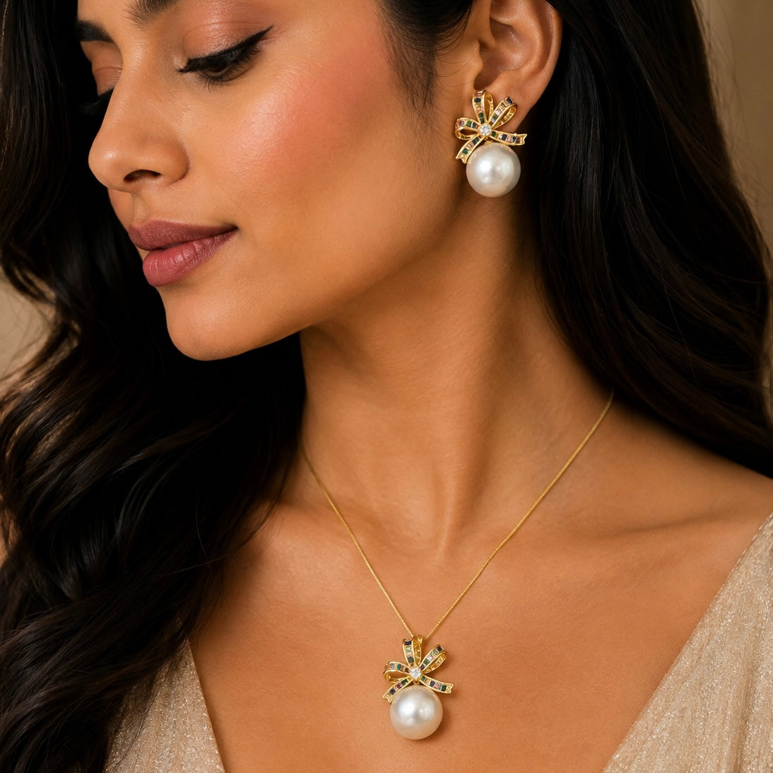 Aurelia Pearl Bow Pendant Set