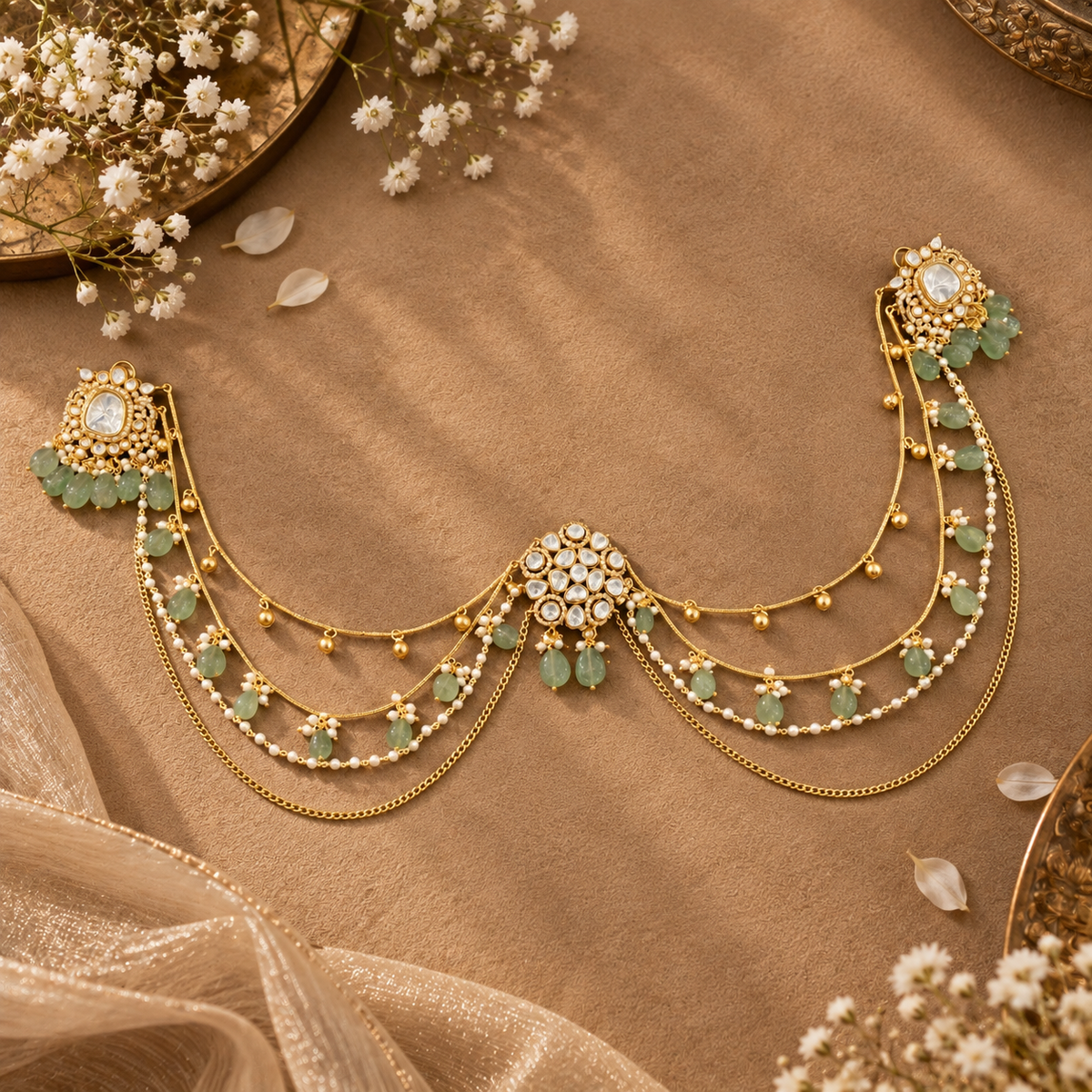 Gulika Green Kundan Earring with Attached Hair Accessory