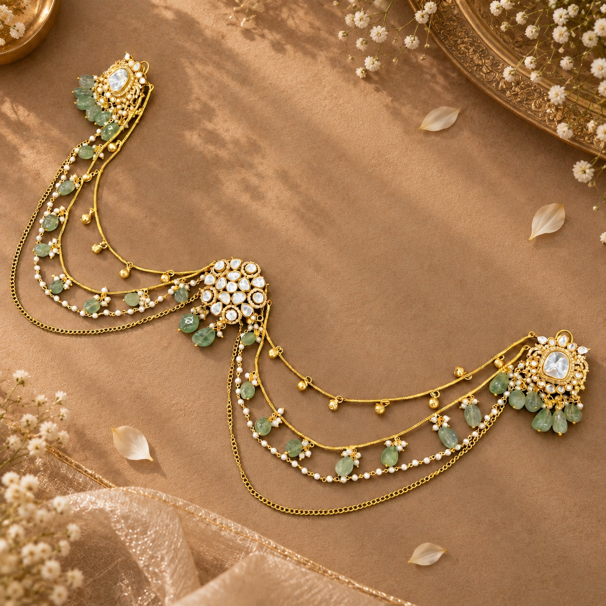 Gulika Green Kundan Earring with Attached Hair Accessory