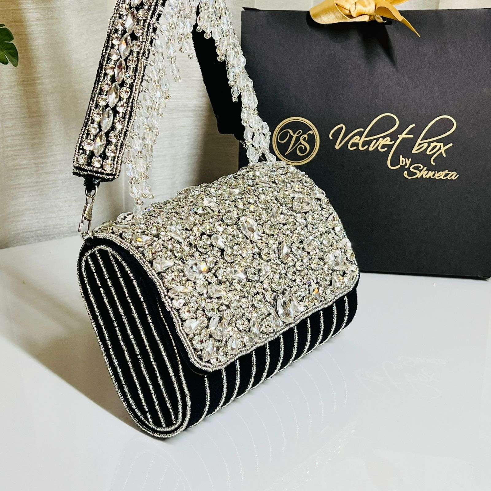 Vs crystal stone bag black velvet box by shweta