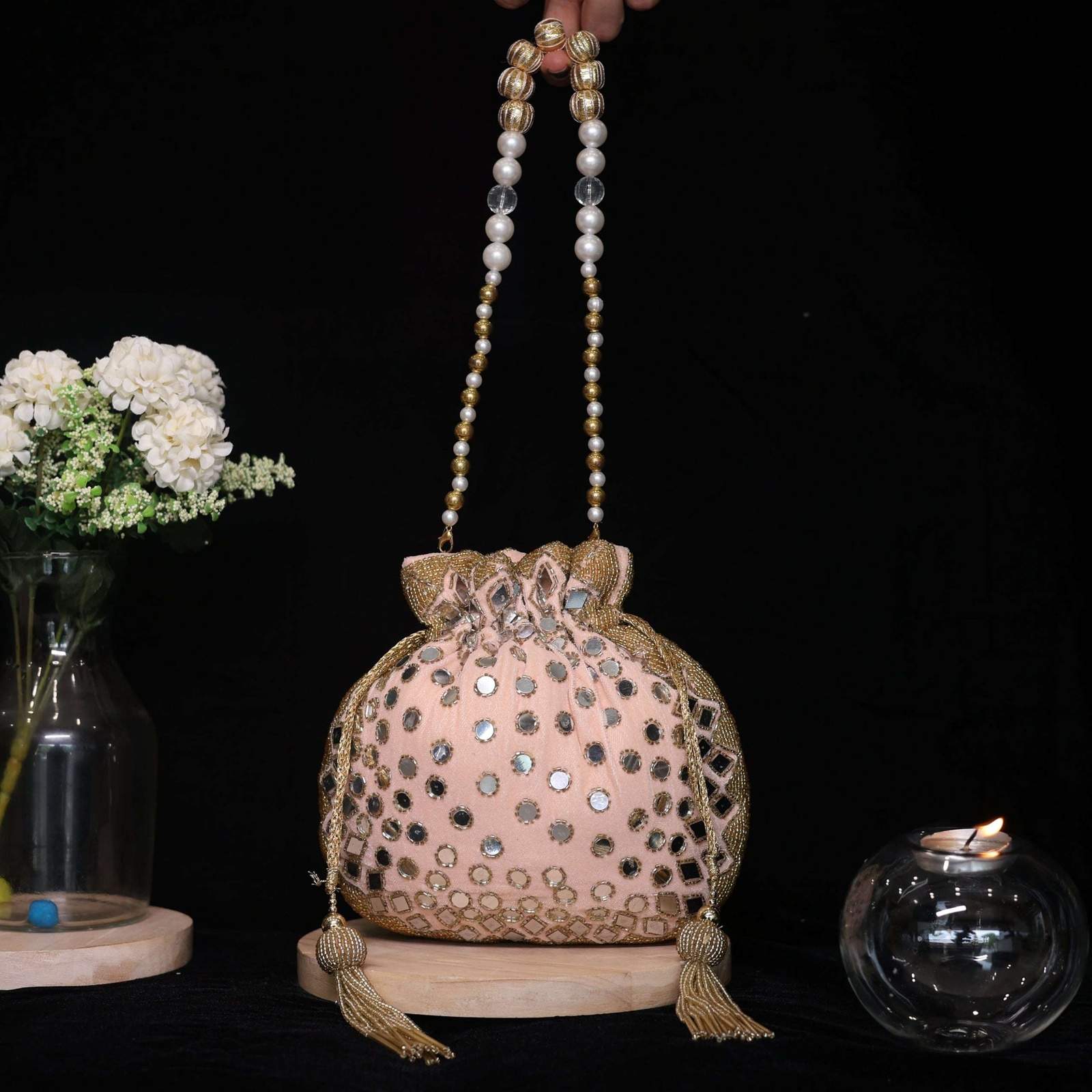 vs mirror work potli velvet box by shweta