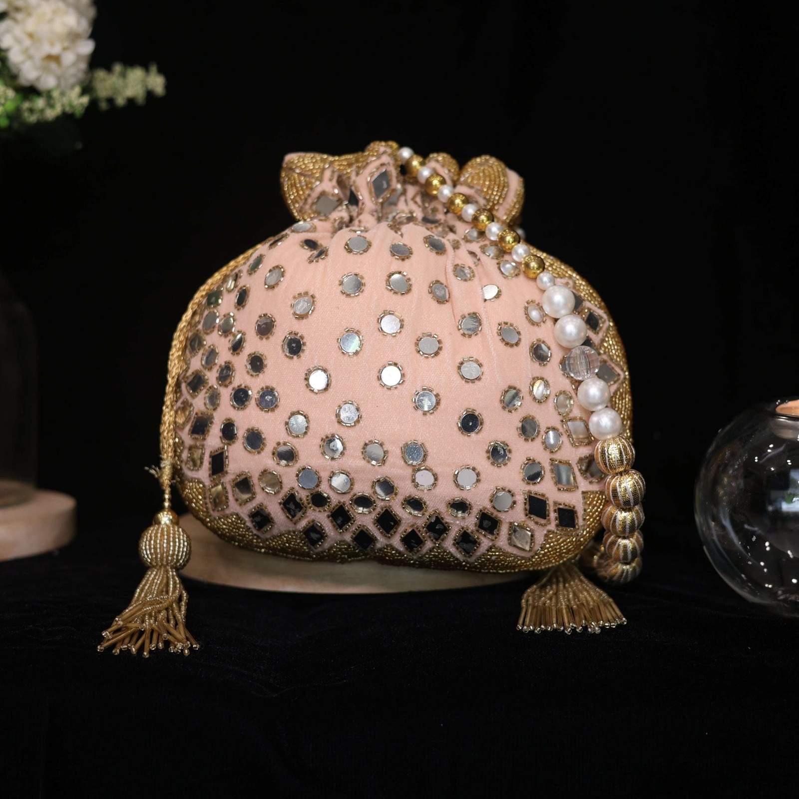 vs mirror work potli velvet box by shweta