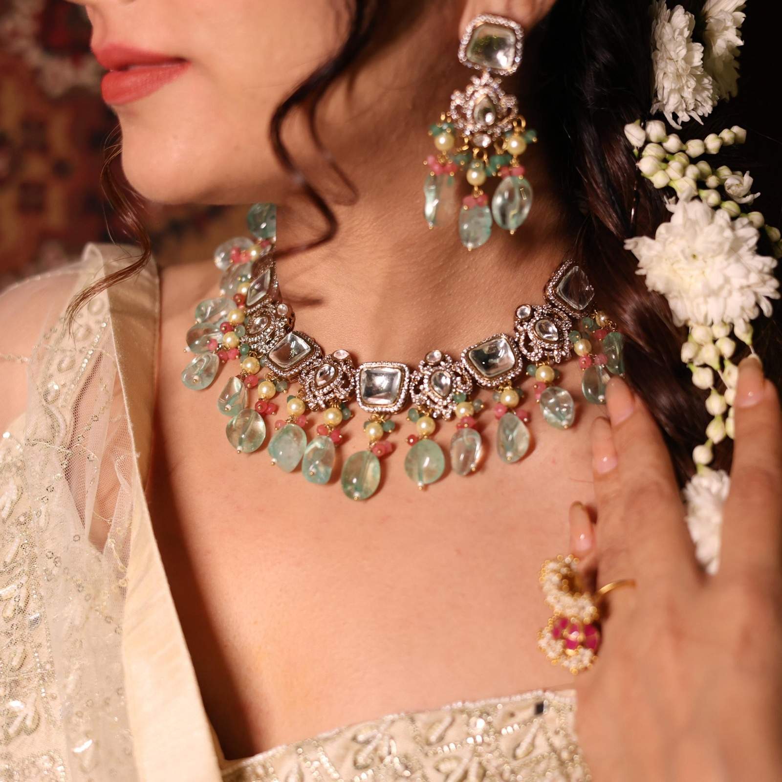 Nayaab zora polki Neckpiece-mint Green