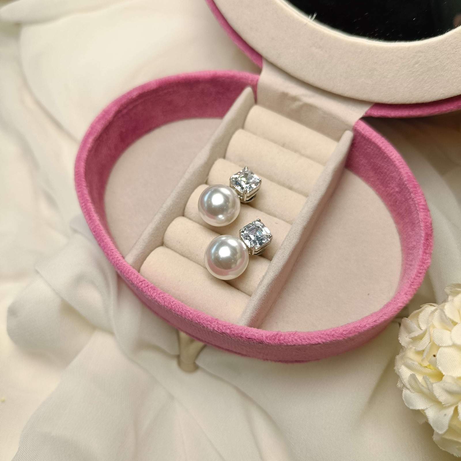 Ad Jiya pearl studs Velvet box by Shweta