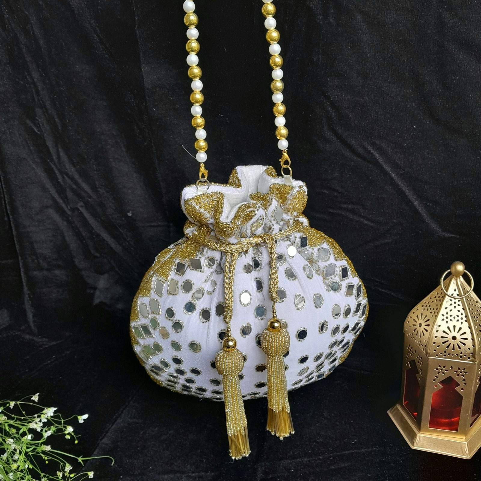 vs mirror work potli velvet box by shweta