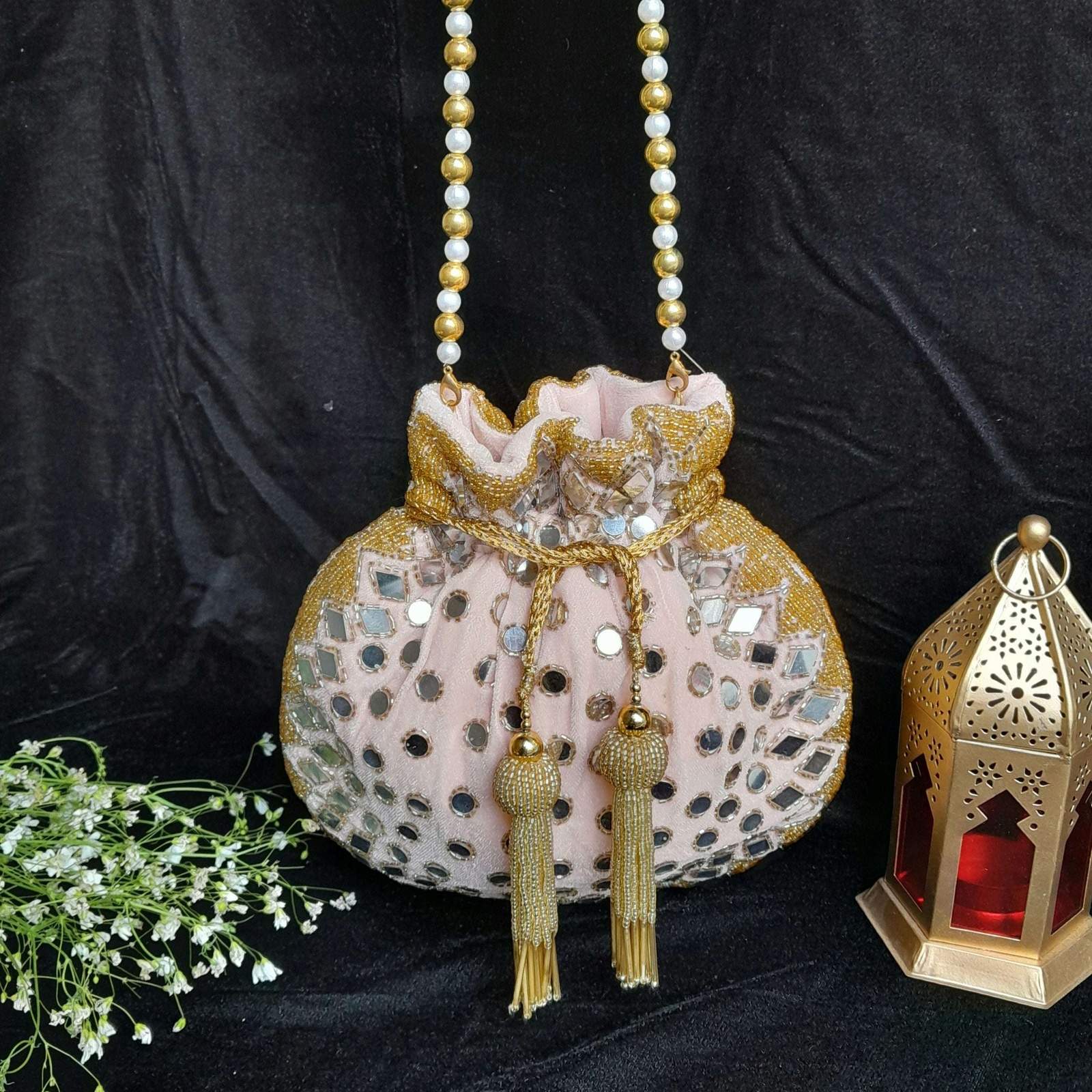 vs mirror work potli velvet box by shweta