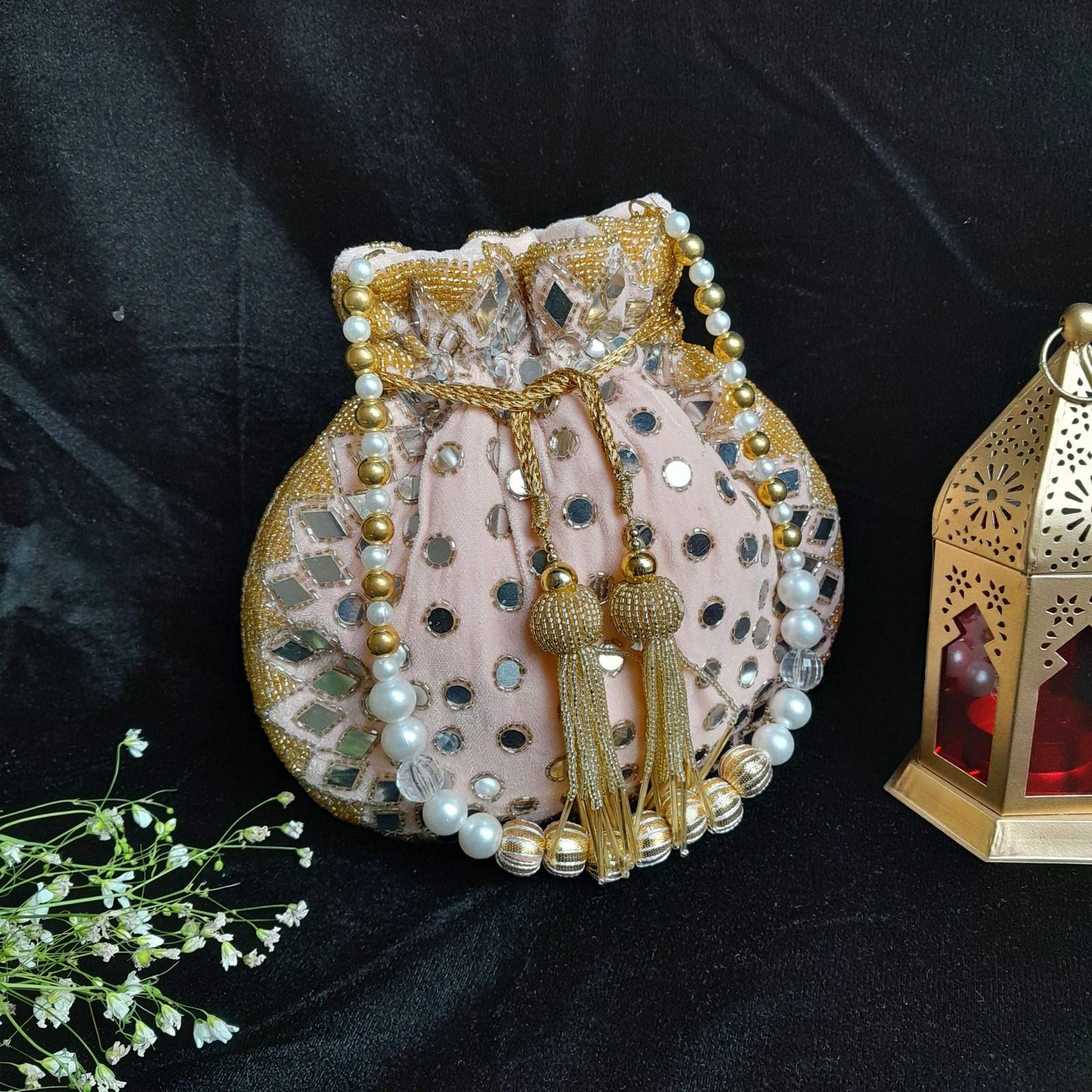 vs mirror work potli velvet box by shweta