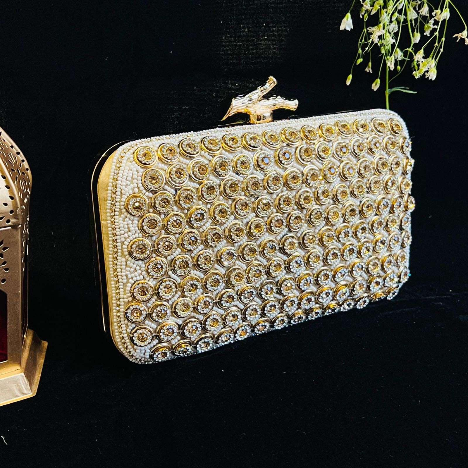 vs pearl gold clutch velvet box by shweta